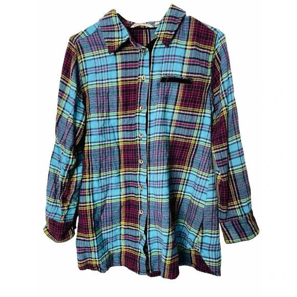 Soft Surroundings Plaid Button Up Shirt Sz PS Velvet Accent Long Sleeve Colorful - Picture 1 of 10